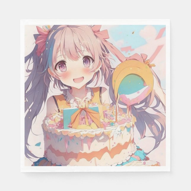  Anime Girl with Whimsical Birthday Napkin (Front)