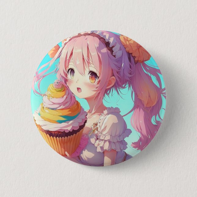  Anime Girl with Whimsical Cupcake 6 Cm Round Badge (Front)