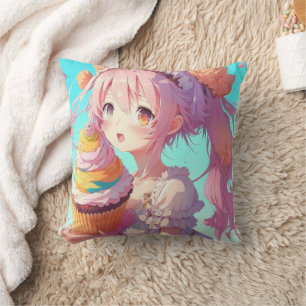 Anime Girl with Whimsical Cupcake Cushion