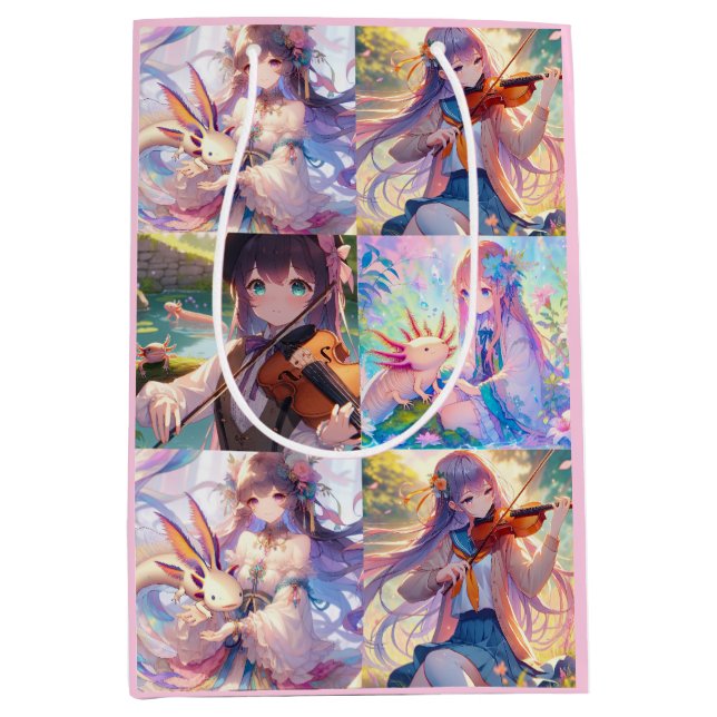 Anime Girls with Violin and Axolotls Birthday Medium Gift Bag (Front)