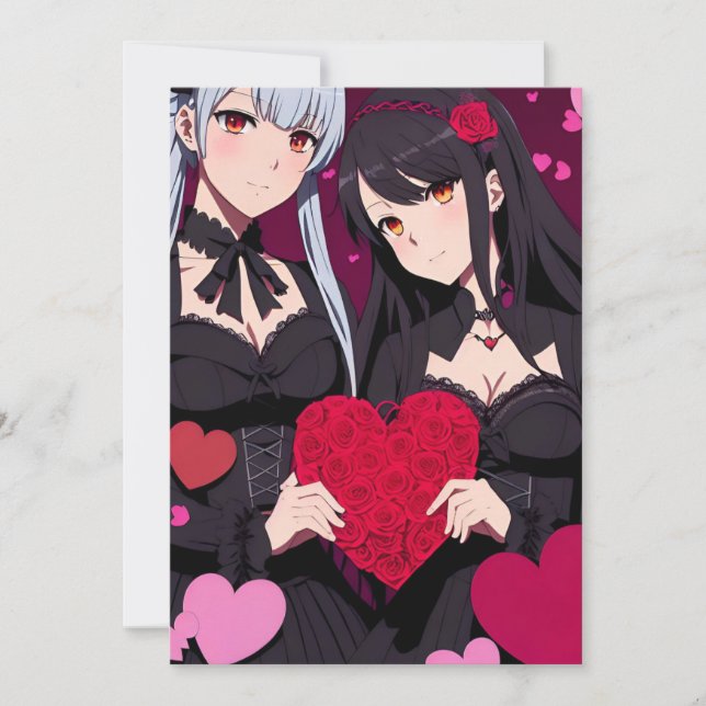 Anime Gothic Valentine's Red Hearts Holiday Card (Front)
