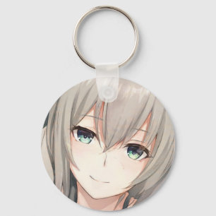 Anime grey-haired girl aqua eyes keychain