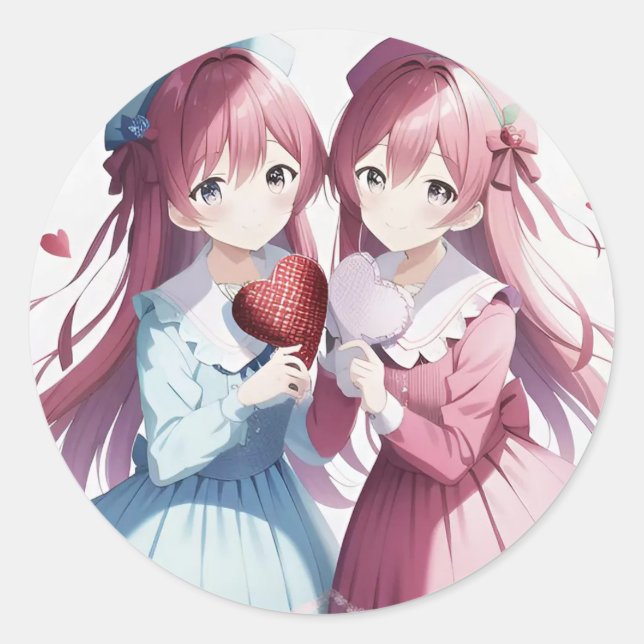 Anime hearts Valentine's Classic Round Sticker (Front)