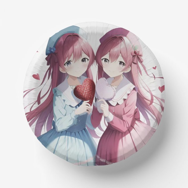 Anime hearts Valentine's Day  Paper Plate (Front)