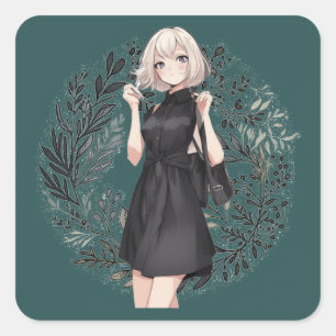 Anime-Inspired Elegance Little Black Dress Sticker