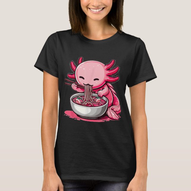 Anime Kawaii Axolotl Eating Ramen Noodles T-Shirt (Front)