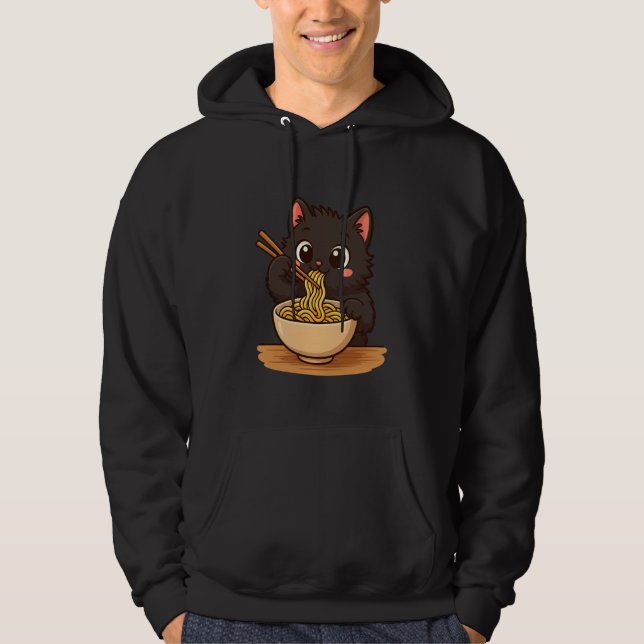 Anime Kawaii Black Cat Eating Ramen Noodles Kids T Hoodie (Front)
