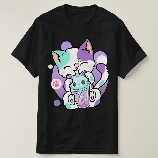 Anime Kawaii Cat Boba Bubble Tea Neko Boba Tea Cat T-Shirt (Design Front)