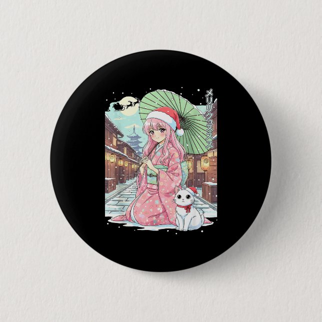 Anime Kimono Girl Christmas Japan Cat Xmas Japan A 6 Cm Round Badge (Front)