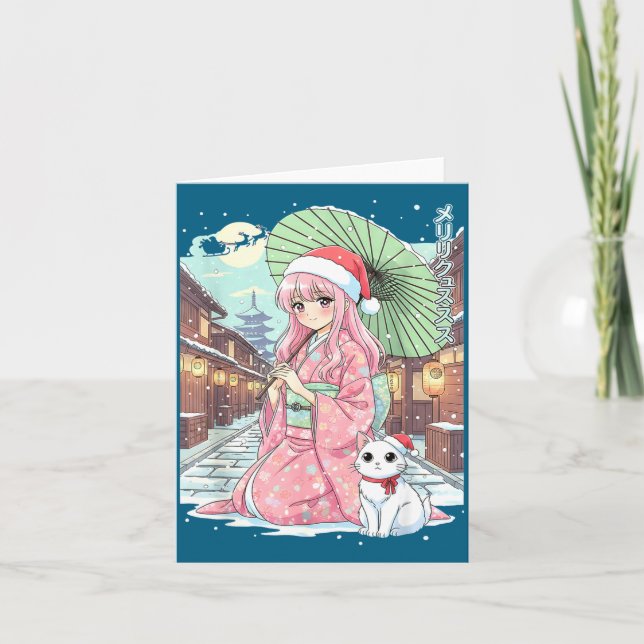 Anime Kimono Girl Christmas Japan Cat Xmas Japan A Card (Front)