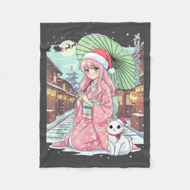 Anime Kimono Girl Christmas Japan Cat Xmas Japan A Fleece Blanket (Front)
