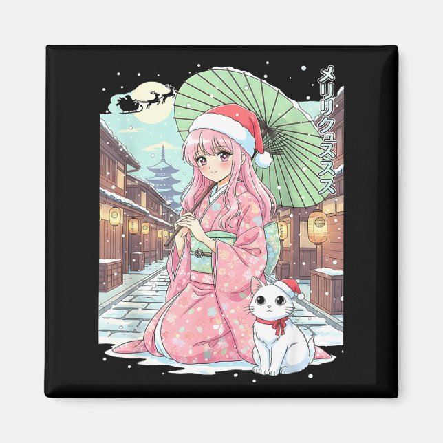 Anime Kimono Girl Christmas Japan Cat Xmas Japan A Magnet (Front)