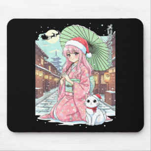 Anime Kimono Girl Christmas Japan Cat Xmas Japan A Mouse Pad