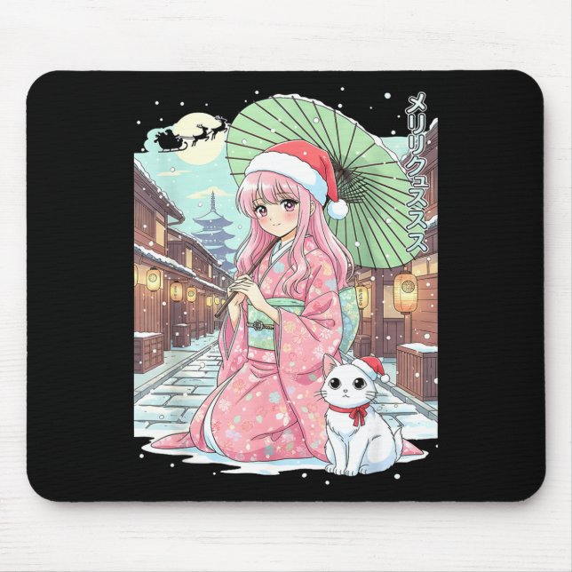 Anime Kimono Girl Christmas Japan Cat Xmas Japan A Mouse Pad (Front)