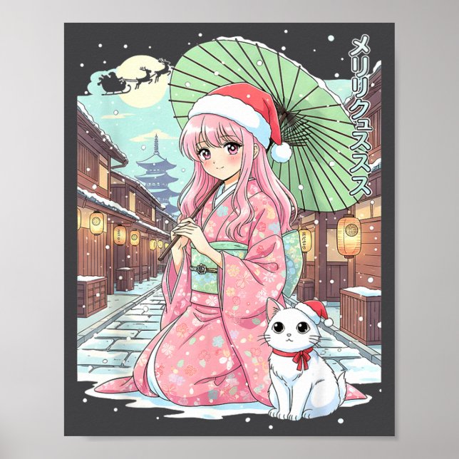 Anime Kimono Girl Christmas Japan Cat Xmas Japan A Poster (Front)