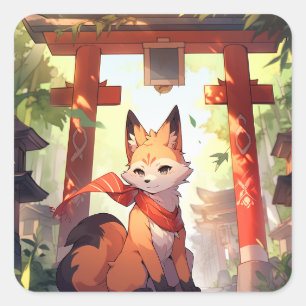 Anime Kitsune Cute Fox Fantasy Art Square Sticker