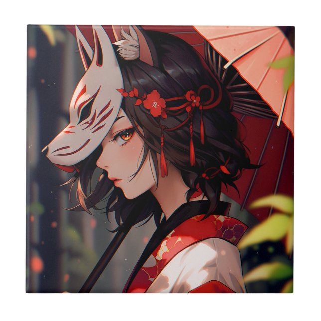 Anime Kitsune Girl Cute Fox Fantasy Art Ceramic Tile (Front)