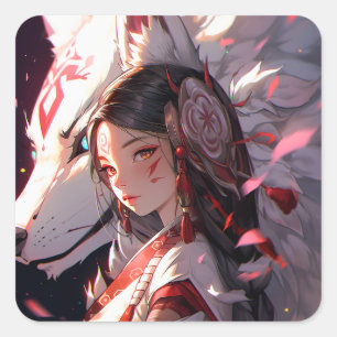 Anime Kitsune Girl Cute Fox Fantasy Art Square Sticker