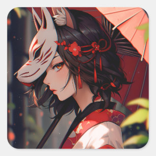 Anime Kitsune Girl Cute Fox Fantasy Art Square Sticker