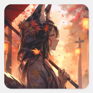 Anime Kitsune Girl Cute Fox Fantasy Art Square Sticker