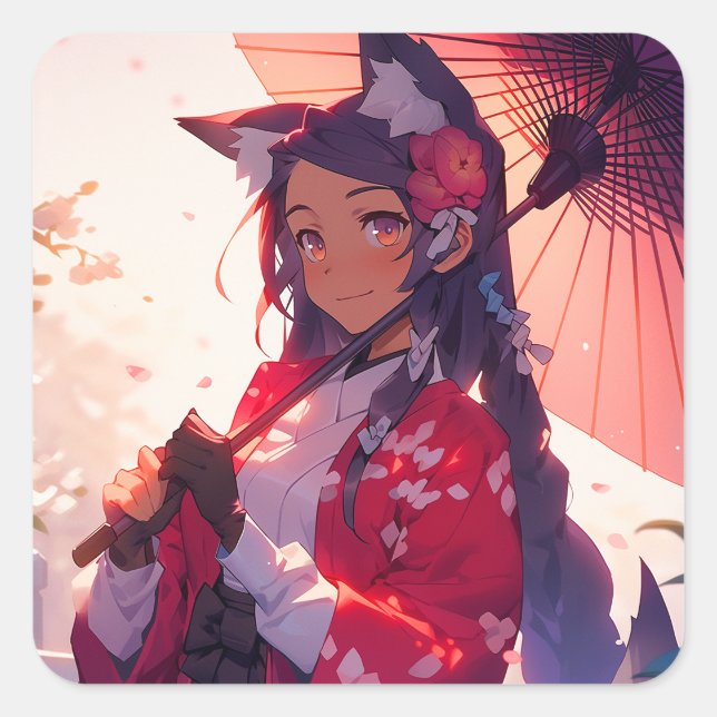 Anime Kitsune Girl Cute Fox Fantasy Art Square Sticker (Front)