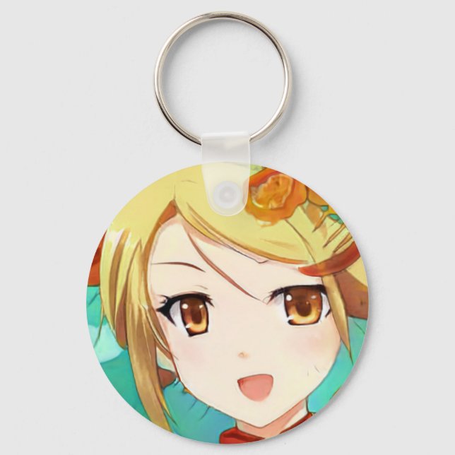 Anime manga happy girl blonde amber eyes kitty  key ring (Front)