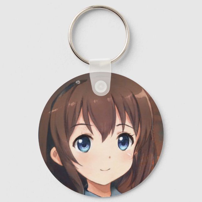 Anime manga smiling girl brown hair blue eyes  key ring (Front)