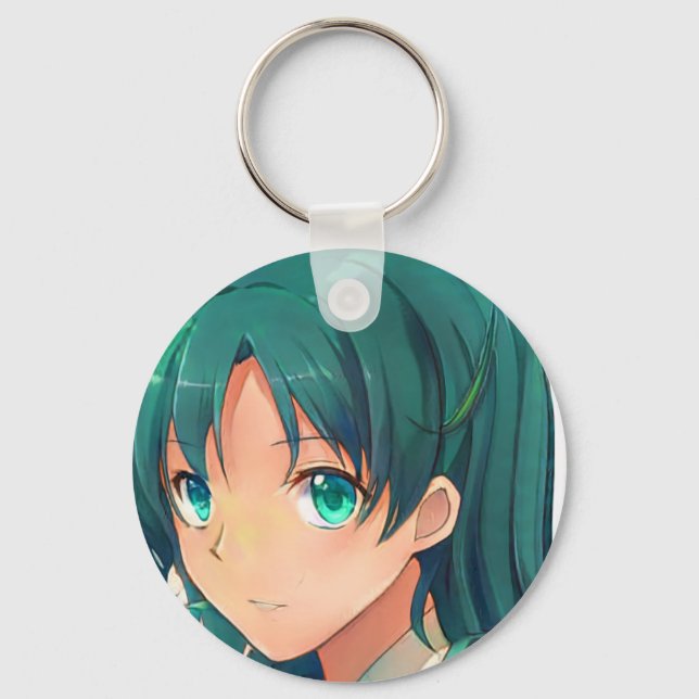 Anime manga smiling girl emerald green eyes hair  key ring (Front)