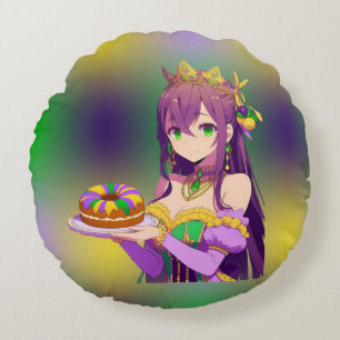 Anime Mardi Gras King cake Round Cushion