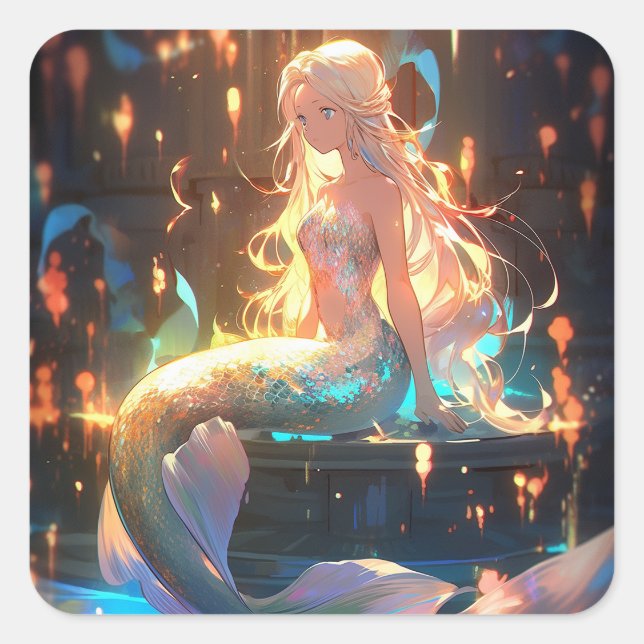 Anime Mermaid Girl Fantasy Art Square Sticker (Front)