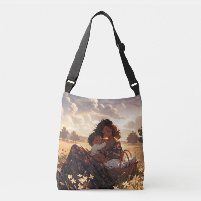 Anime mother in a morning meadow crossbody bag (Front)