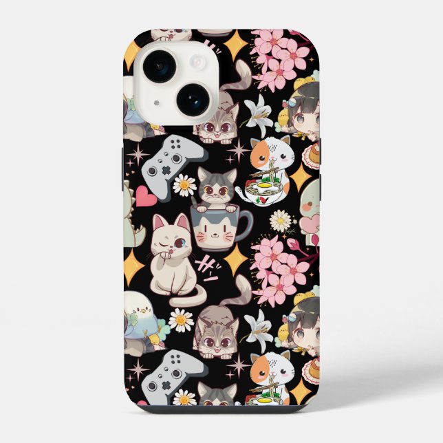Anime Overload Cute Pattern Black BG iPhone Case (Back)