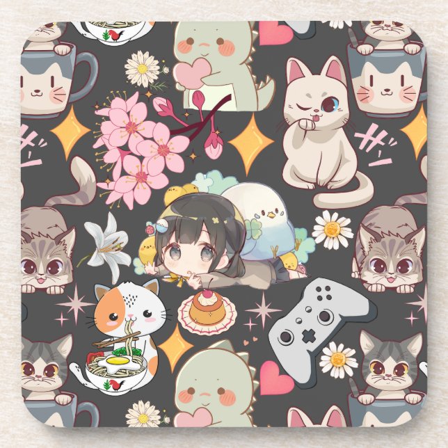 Anime Overload Cute Pattern D Grey BG Coaster (Front)