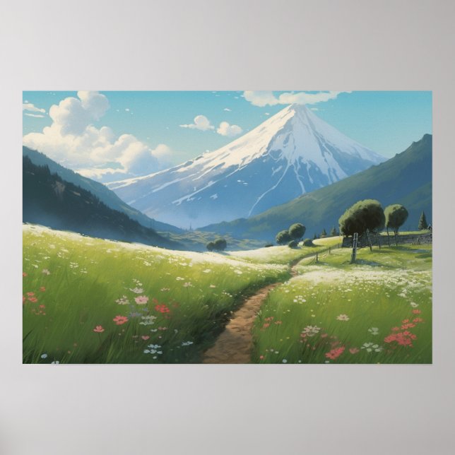 Anime painting winding path meadow below mountain poster (Front)
