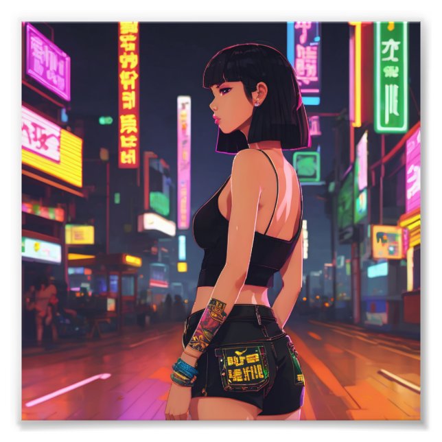 Anime Punk Girl Cruising City Neon Lights Photo Print (Front)