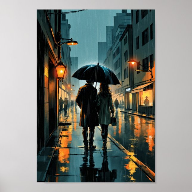 Anime Rainy Street Romance Wall Art (Front)