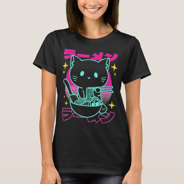 Anime Ramen Cat Retro Japanese Noodles Aesthetic  T-Shirt (Front)