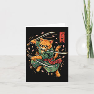 Anime Samurai Cat Three Swords Japanese Style Art Card
