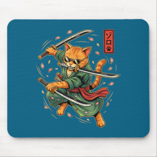 Anime Samurai Cat Three Swords Japanese Style Art  Mouse Pad