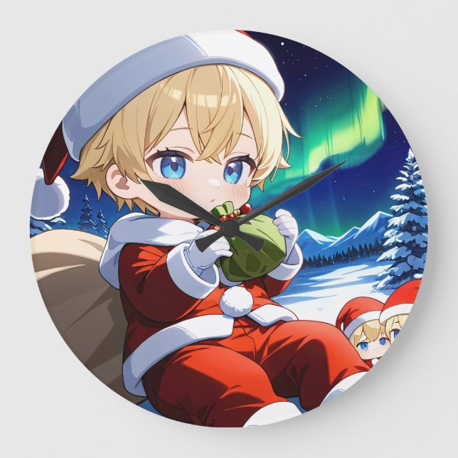 Anime Santa Boy Aurora Christmas Wall Clock (Front)