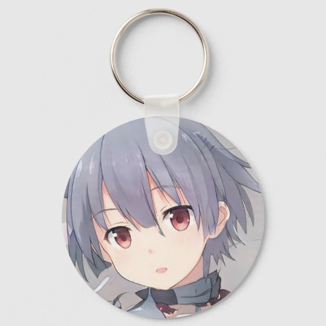 Anime short grey hair brown eyes girl manga key ring (Front)