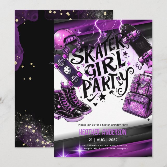 Anime Skater Girl Birthday Party Skateboard Invitation (Front/Back)