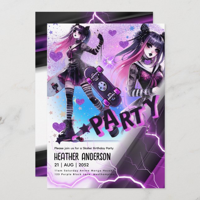 Anime Skater Girl Birthday Party Skateboarding Invitation (Front/Back)