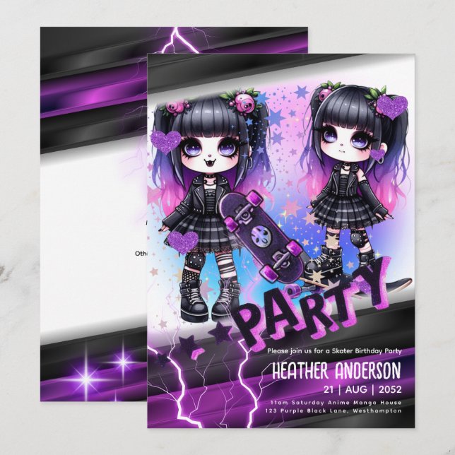 Anime Skater Girl Birthday Party Skateboarding Invitation (Front/Back)