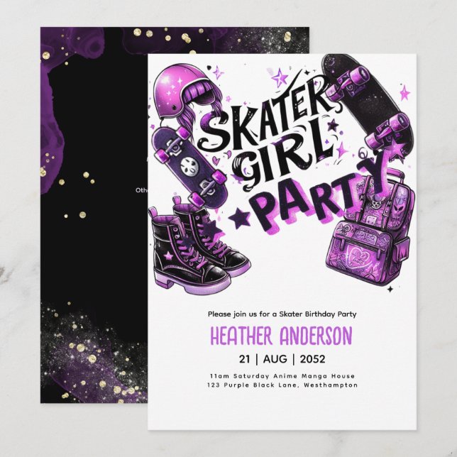 Anime Skater Girl Birthday Party Skateboarding Invitation (Front/Back)
