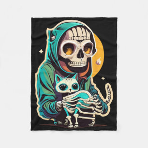 Anime Skeleton Holding A Cat Shirt Lazy Halloween Fleece Blanket