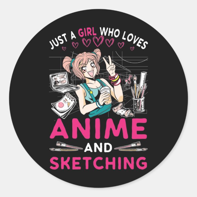 Anime Sketching Girl Otaku Teen Japanese Comic Fan Classic Round Sticker (Front)