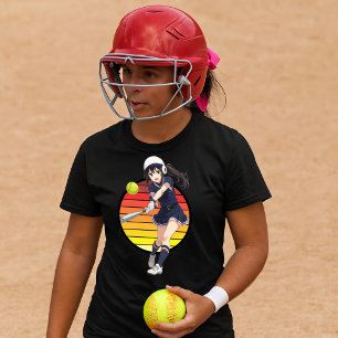 Anime Softball Girl On Retro Sunset Template T-Shirt