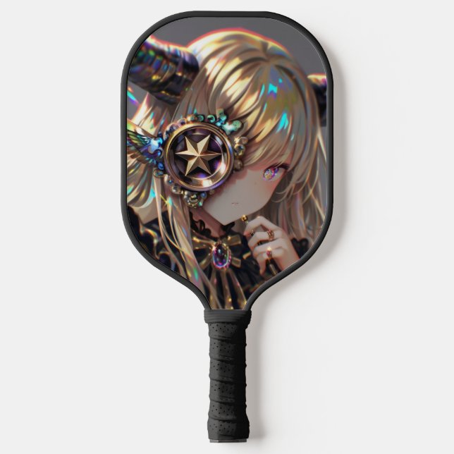 Anime Steampunk Horned Beauty with Star Monocle Pickleball Paddle (Front)