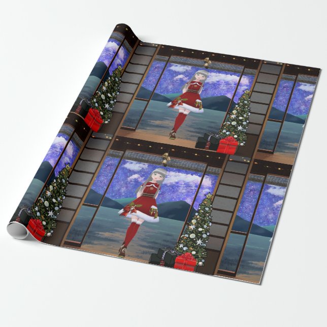 Anime Style Girl Christmas Wrapping Paper (Unrolled)